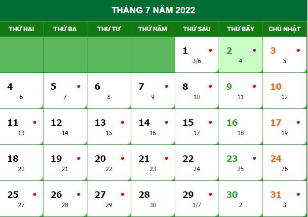 Lịch vạn niên 2022