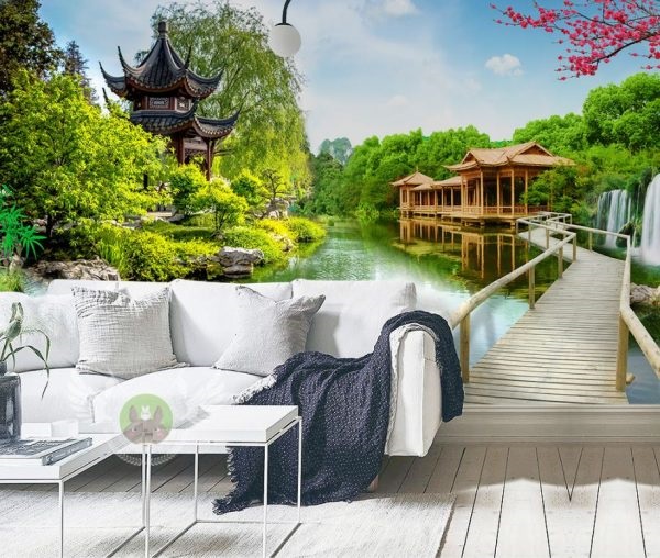 Thiết kế phòng khách với giấy dán tường Hàn Quốc phong cảnh thiên nhiên