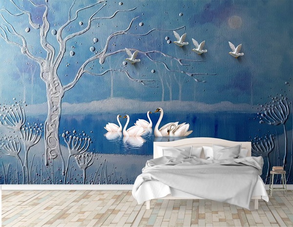 Không gian phòng ngủ nổi bật nhờ giấy dán tường 3d màu xanh dương 