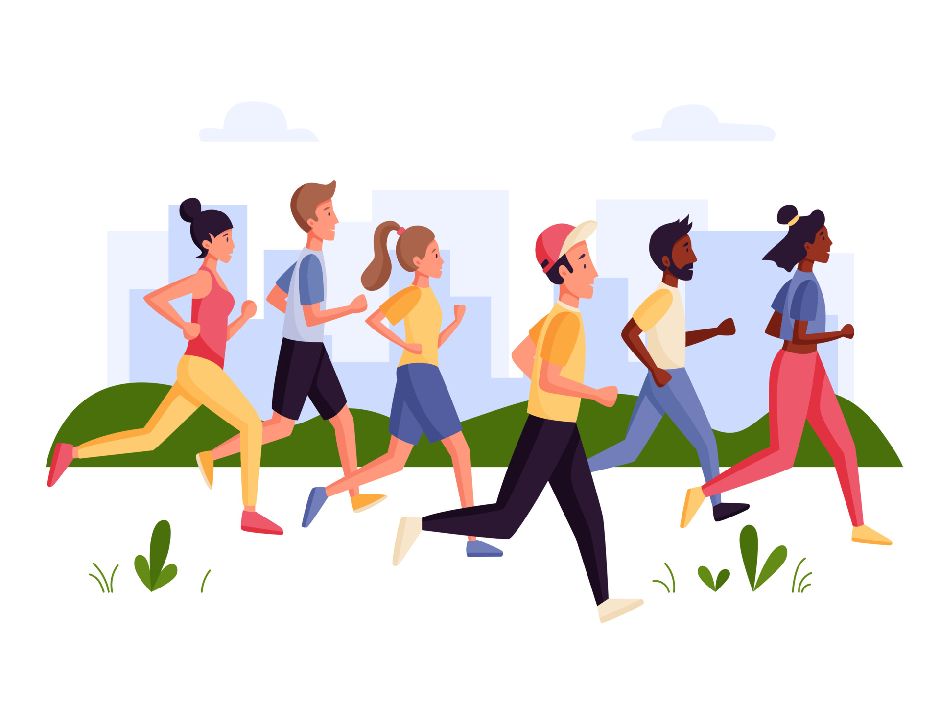 Marathon runners. Men and women running outdoor. Illustration for marathon, city run, training, cardio exercising. Flat vector illustration. 3572218 Vector Art at Vecteezy